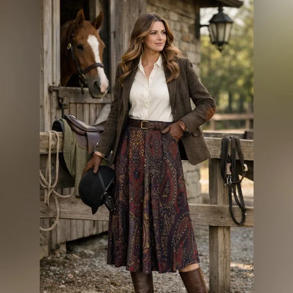 Vintage Paisley Midi Skirt Equestrian Fall Red Navy Green Gold Size 12 - Picture 2 of 16